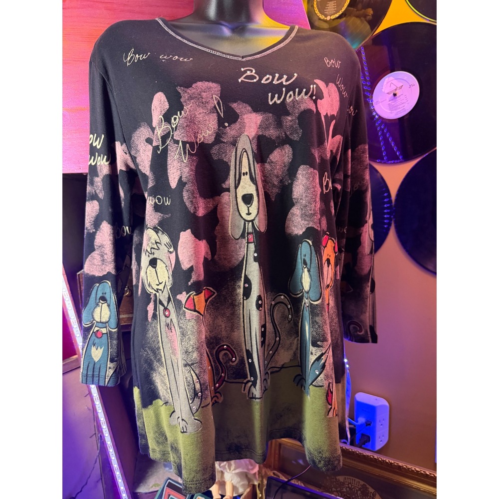 Jess & Jane Bow Wow Dog Graphic Rhinestone Tunic Top Black Large USA